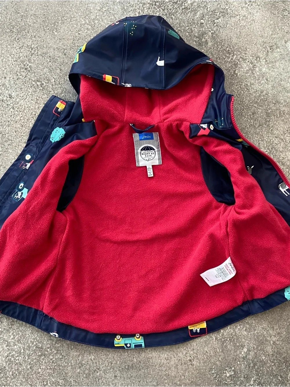 Joules Navy Rain Jacket with Colorful Vehicle Print